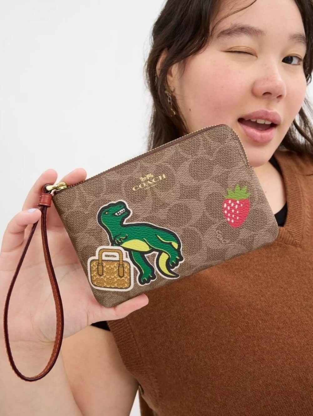 Coach Corner Zip Wristlet in Signature Canvas With Sticker Print T-rex Dice